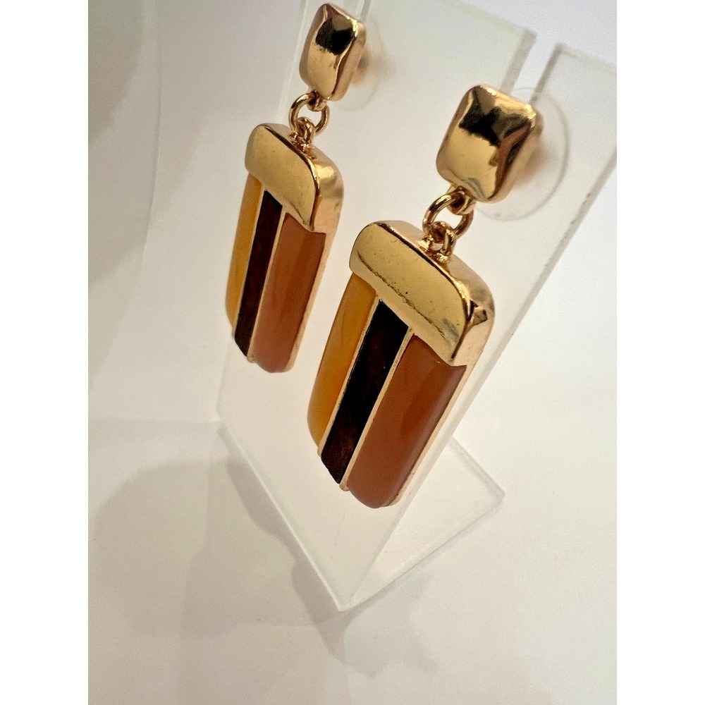 Uncas Int Gold Blush Amber Dangle Earrings Resin Wood Earth Tones 2" Vendor Smpl